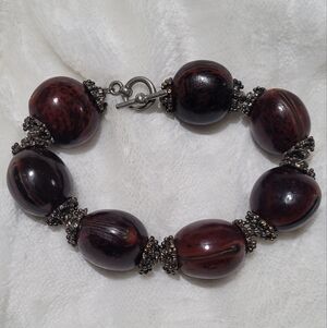 Vintage Brown Polished Sea Bean / Hamburger Bean Beaded Bracelet With Silver